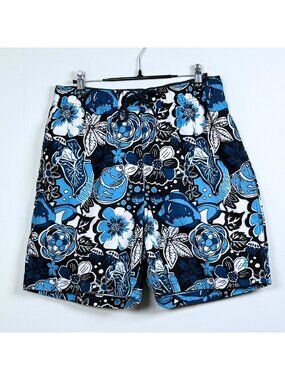 Nautica Mens Blue Floral Quick Dry Swim Trunks Medium Bathing Suit Tropical